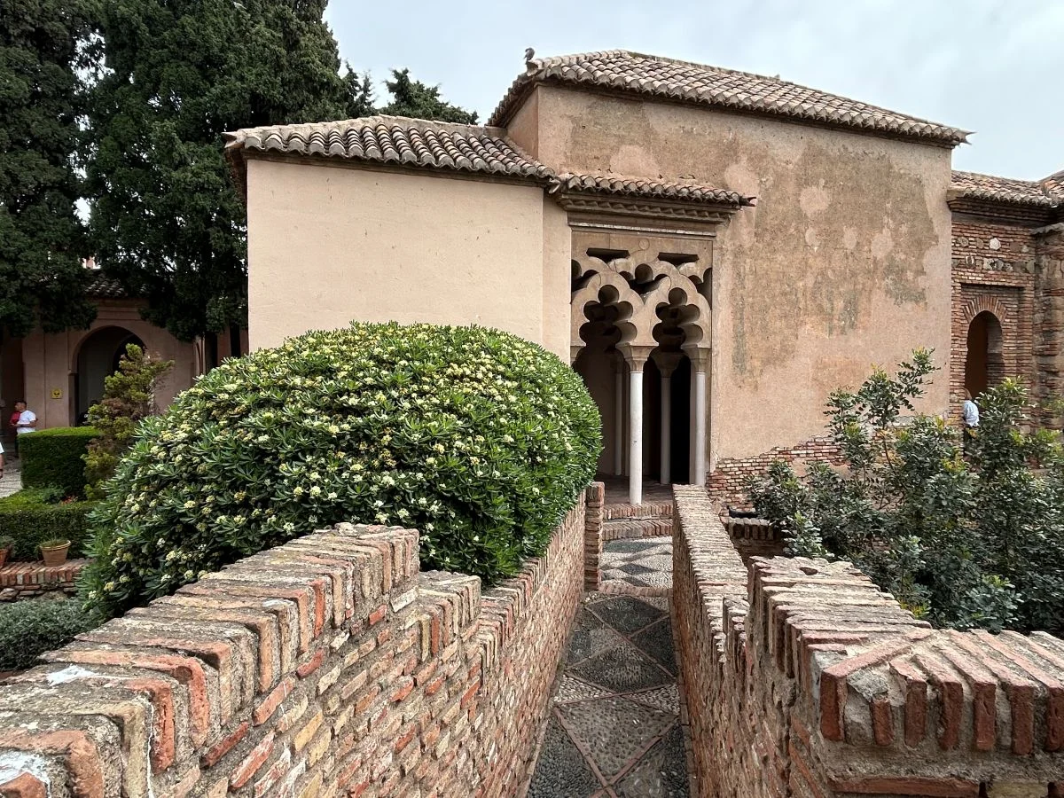 Exterior view of the Nasrid palace portico at the Alcazaba in Málaga, with a row of polylobed horseshoe arches on white columns, framed by a large flowering white shrub, brick terrace walls, and a pebble mosaic pathway leading to the entrance