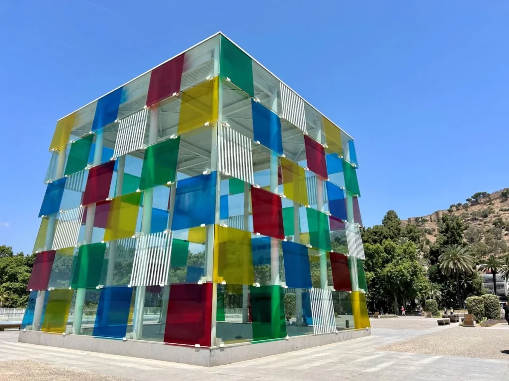 Colourful glass cube of Centre Pompidou Málaga on the waterfront, one of the best things to do in Málaga
