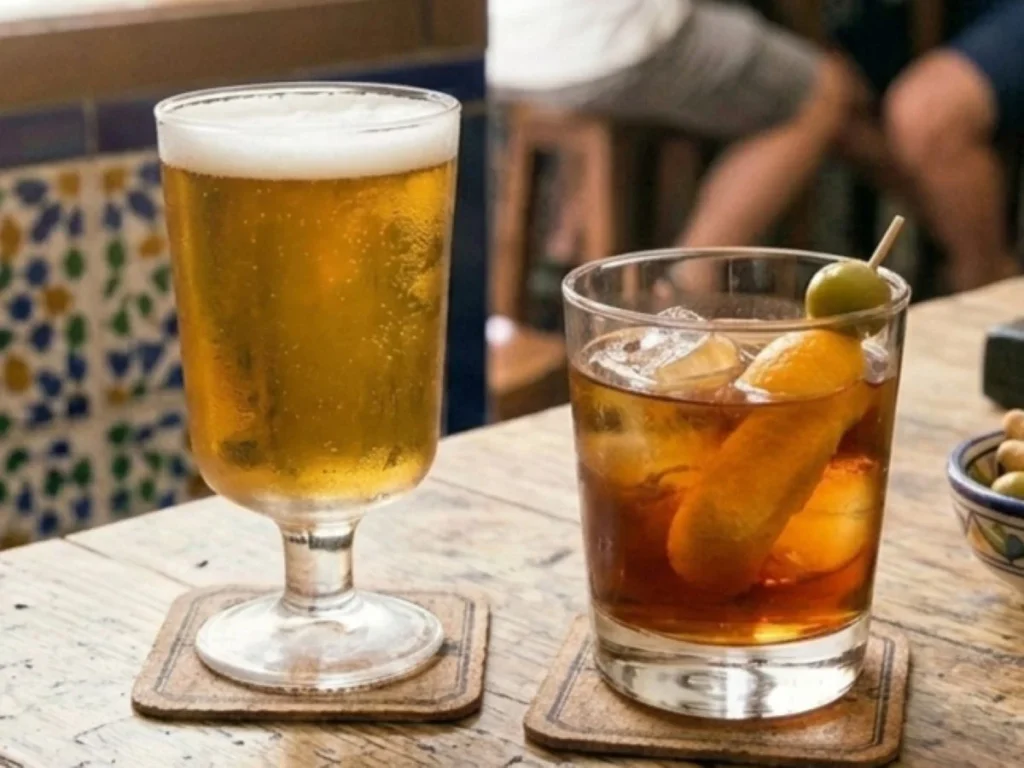 A cold draft beer and a glass of vermut on the rocks with an olive garnish, served with a bowl of green olives and breadsticks on a rustic wooden bar counter in a traditional Málaga tapas bar during a tapas tour