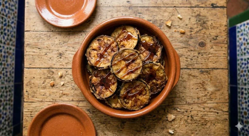 A terracotta cazuela filled with crispy fried aubergine rounds drizzled with dark cane honey, the classic Málaga tapas dish berenjena con miel, served on a rustic wooden table with Moorish-style tiles visible in the background