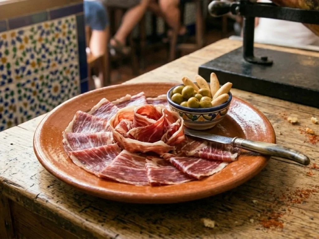 A terracotta plate of thinly sliced jamón Ibérico arranged in a rose pattern, served with a small bowl of green olives and breadsticks on a rustic wooden bar counter, with colourful Moorish-style tiles on the wall behind and a ham carving stand during a tapas tour in Málaga