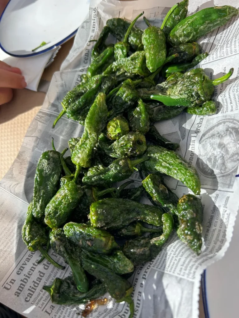A generous serving of blistered pimientos de Padrón fried in olive oil and sprinkled with sea salt, served on newspaper in the traditional style at a Málaga tapas bar