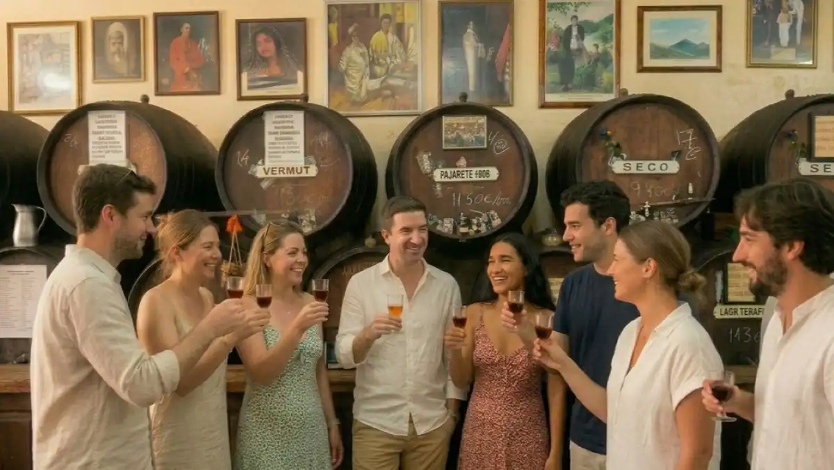 Traditional Malaga tapas and Andalusian wine served at a local hidden bar on a guided tapas food tour