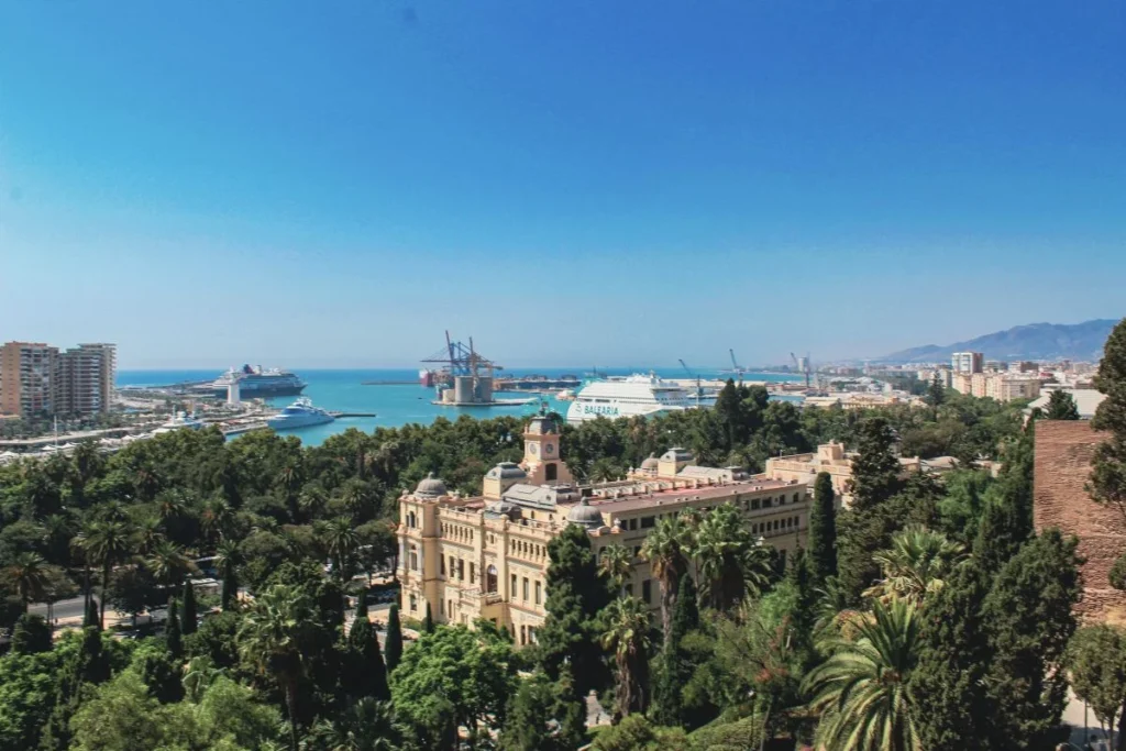 Panoramic view over Málaga city and Mediterranean sea from the path beside the Alcazaba fortress walls