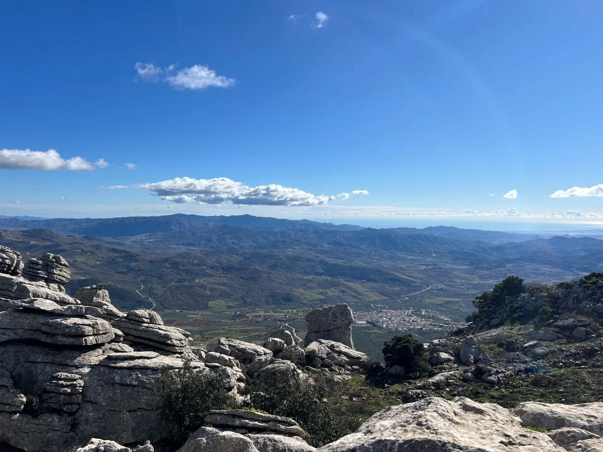 Weathered limestone rock formations at El Torcal nature reserve near Antequera with panoramic views