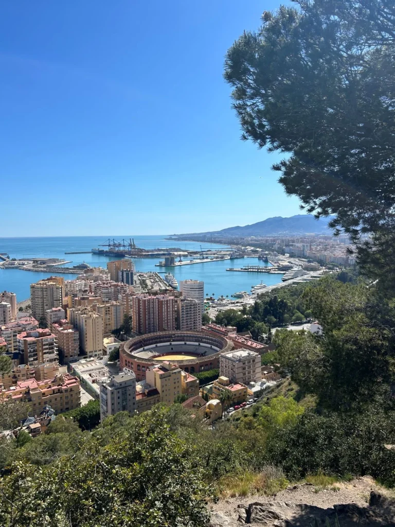 Sunny view over Málaga historic centre with the Alcazaba fortress and Mediterranean sea in the background