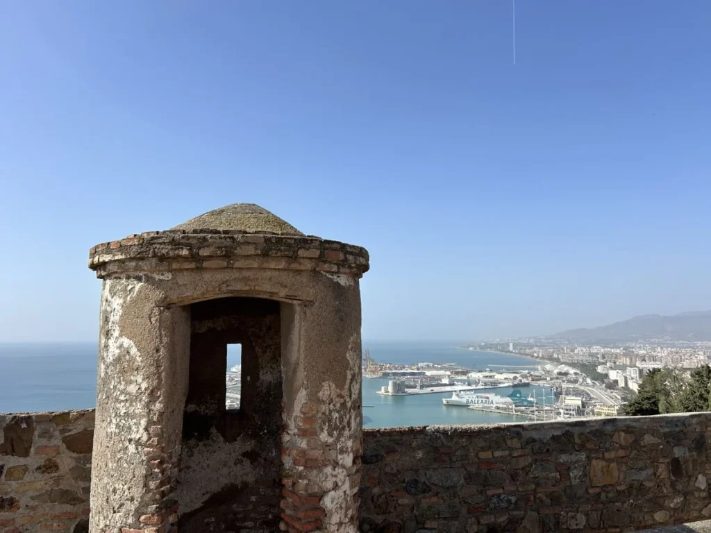 Panoramic view from Gibralfaro Castle over Málaga bullring city and Mediterranean sea