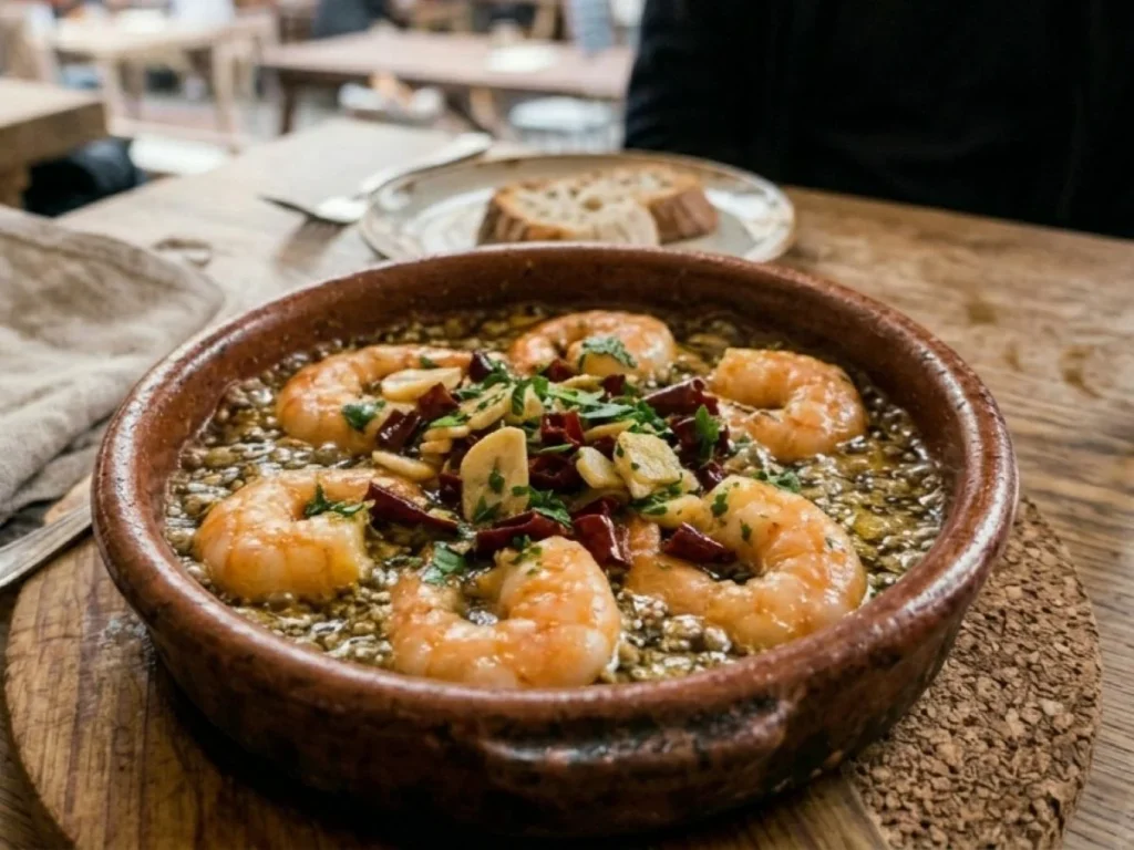 A sizzling terracotta cazuela of gambas al ajillo — whole prawns cooked in olive oil with sliced garlic, dried chilli and fresh parsley — served on a wooden board with crusty bread in the background, a classic Spanish tapas dish in Málaga