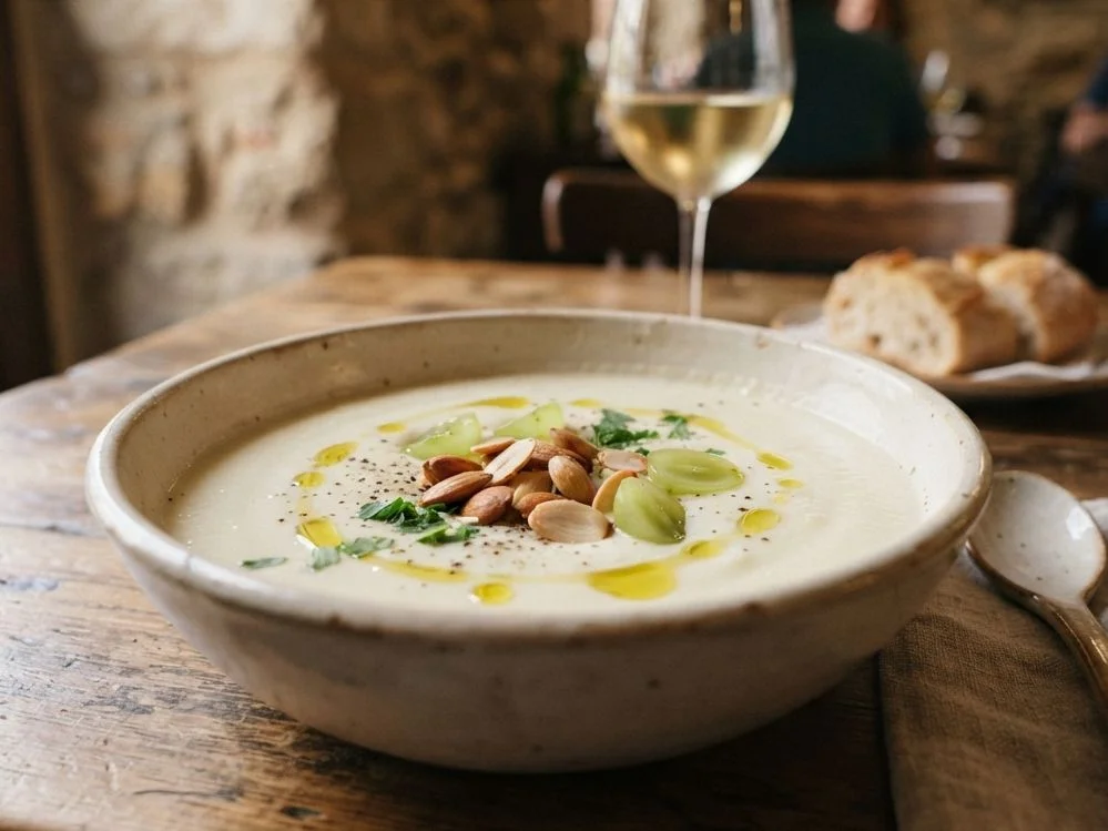 Bowl of cold ajoblanco almond soup topped with grapes, a traditional Málaga dish