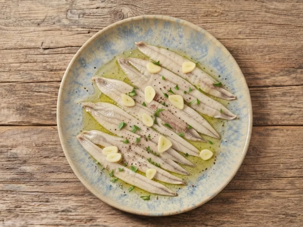 Fresh marinated anchovies, boquerones en vinagre, served at a Málaga tapas bar