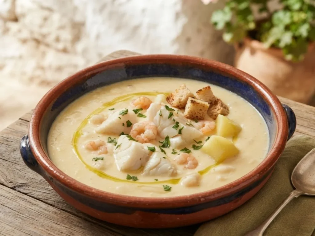 Warm gazpachuelo fisherman's soup with potatoes, a traditional Málaga dish