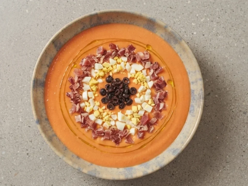 Thick cold tomato and bread soup, porra antequerana, topped with jamón and egg