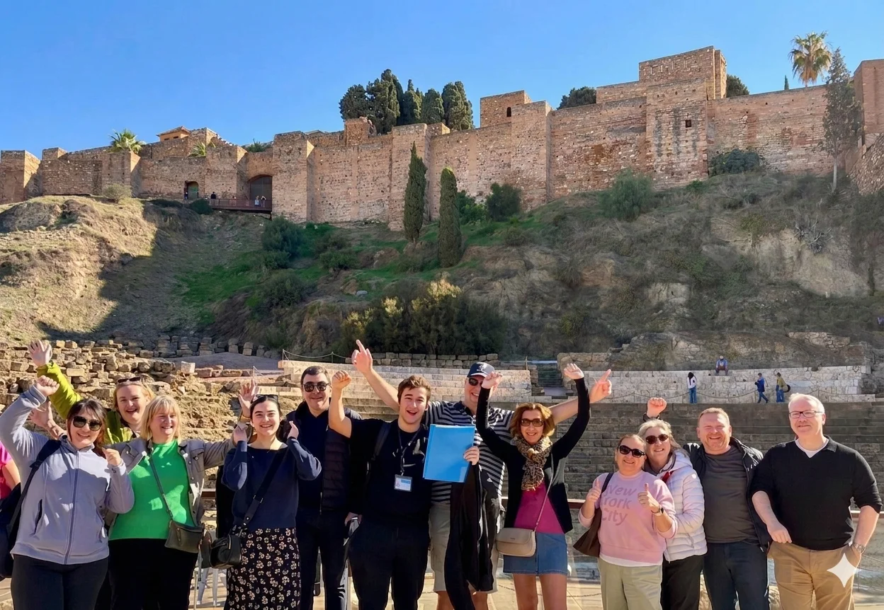 malaga alcazaba and roman theatre free tour with local guide in old town in front of moorish fortress